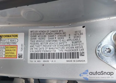 2022 Honda Civic Touring из США, поврежденный, VIN 2HGFE1F93NH321705